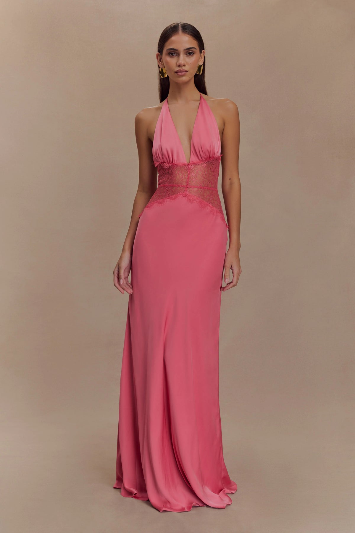 Aesha Backless Halter Dress with Deep V Neck, Satin Patchwork