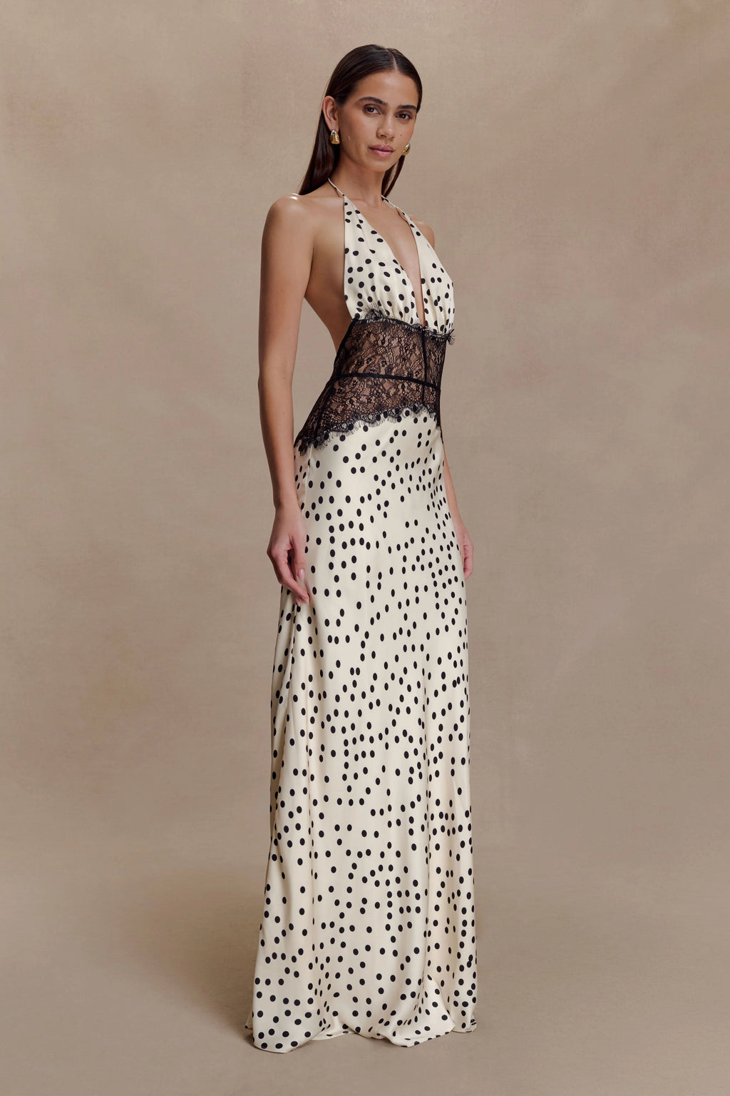 Aesha Backless Halter Dress with Deep V Neck, Satin Patchwork