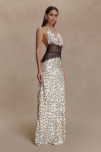 Aesha Backless Halter Dress with Deep V Neck, Satin Patchwork