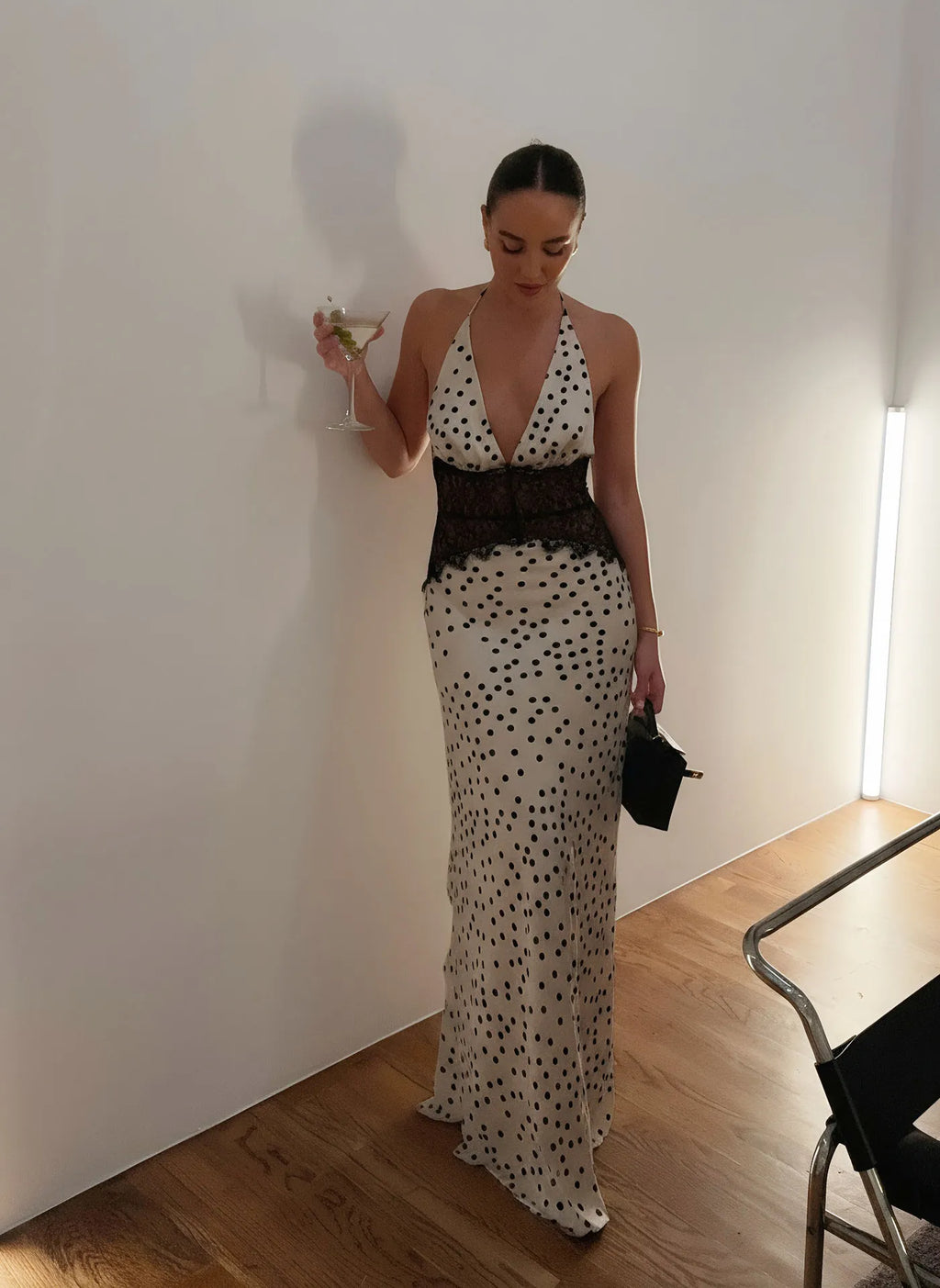 Aesha Backless Halter Dress with Deep V Neck, Satin Patchwork