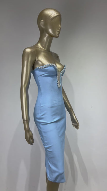 Sparkling Rhinestones V-neck Blue Bandage Dress