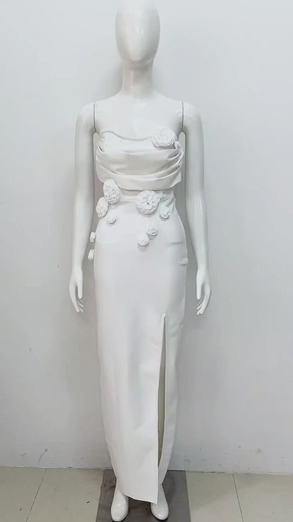 Chic Flower Detail Designer Drops-White Dress