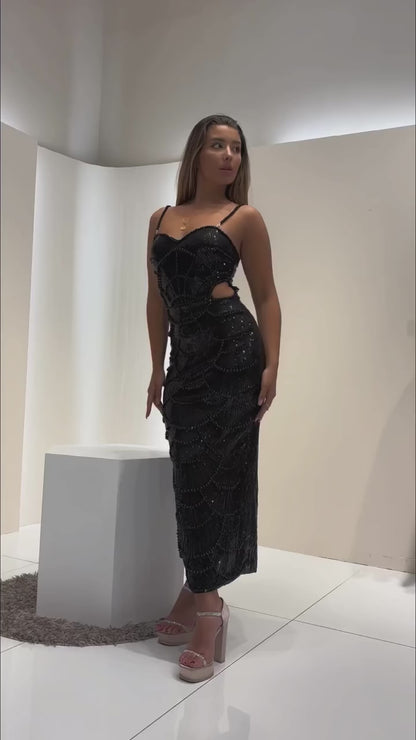 Hollow-out Camisole Beads Banquet Evening Dress-Black