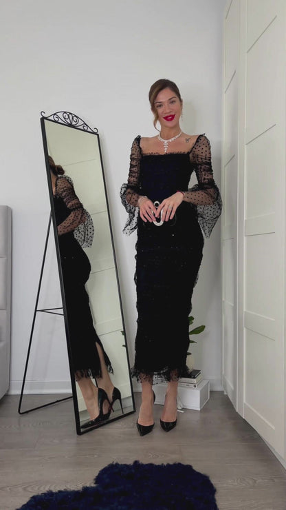 Polka Dot Black Mesh Midi Dress