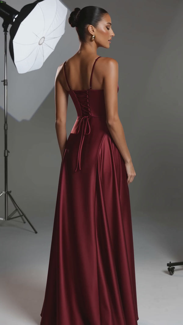 Alana satin gown in Wine Red in the studio