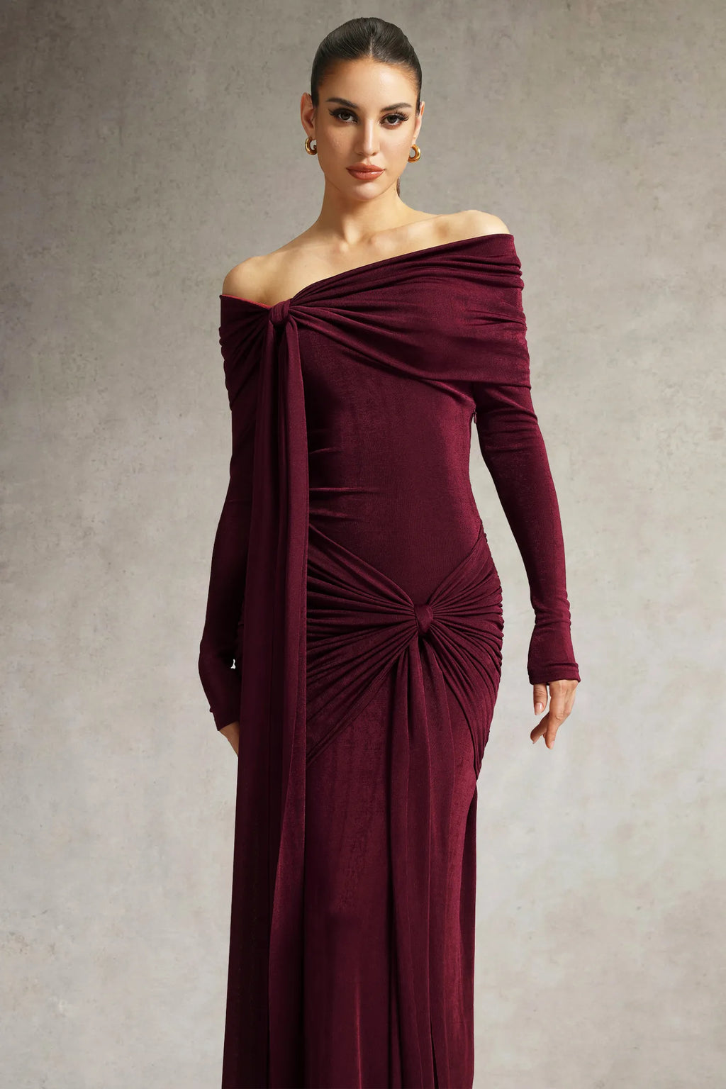 Chic Off-shoulder Long Sleeves Streamer Folds Maxi Dress