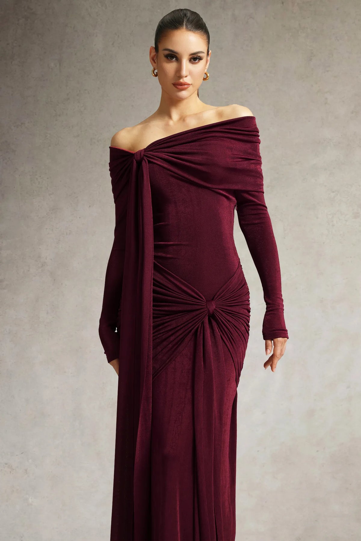 Chic Off-shoulder Long Sleeves Streamer Folds Maxi Dress