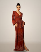 Rust Long-Sleeve Sequin Wrap Maxi Dress