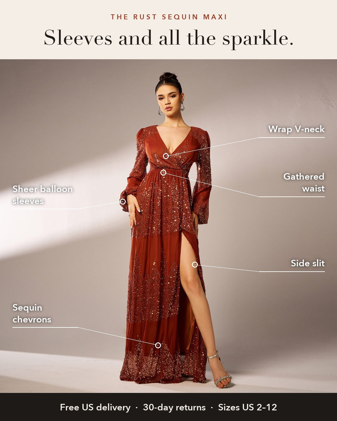 Rust sequin maxi details: sheer balloon sleeves, wrap V-neck, gathered waist, side slit, sequin chevrons