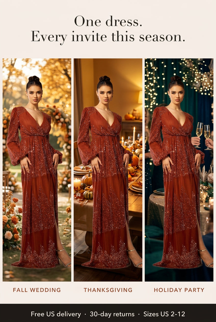 Rust sequin maxi for a fall wedding, Thanksgiving and a holiday party