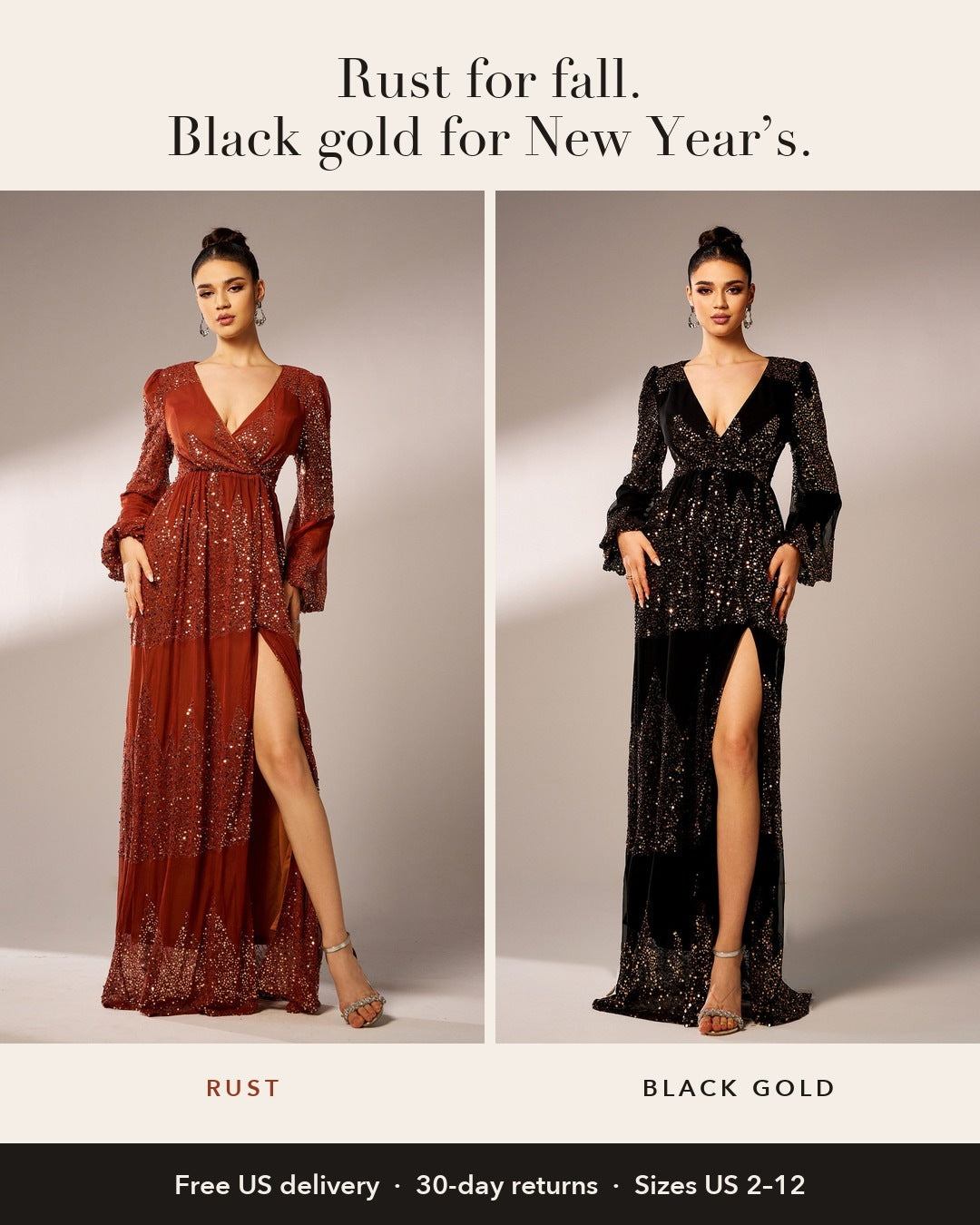 Long-sleeve sequin maxi in Rust and Black Gold