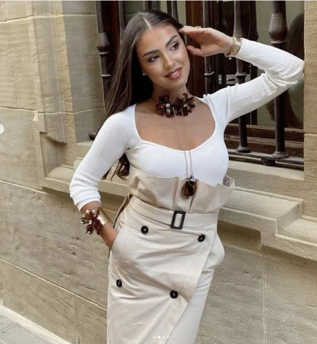 Elegant Button Belt Suit Skirt Sets aclosy