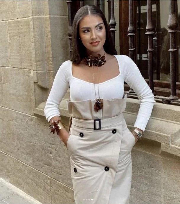 Elegant Button Belt Suit Skirt Sets aclosy