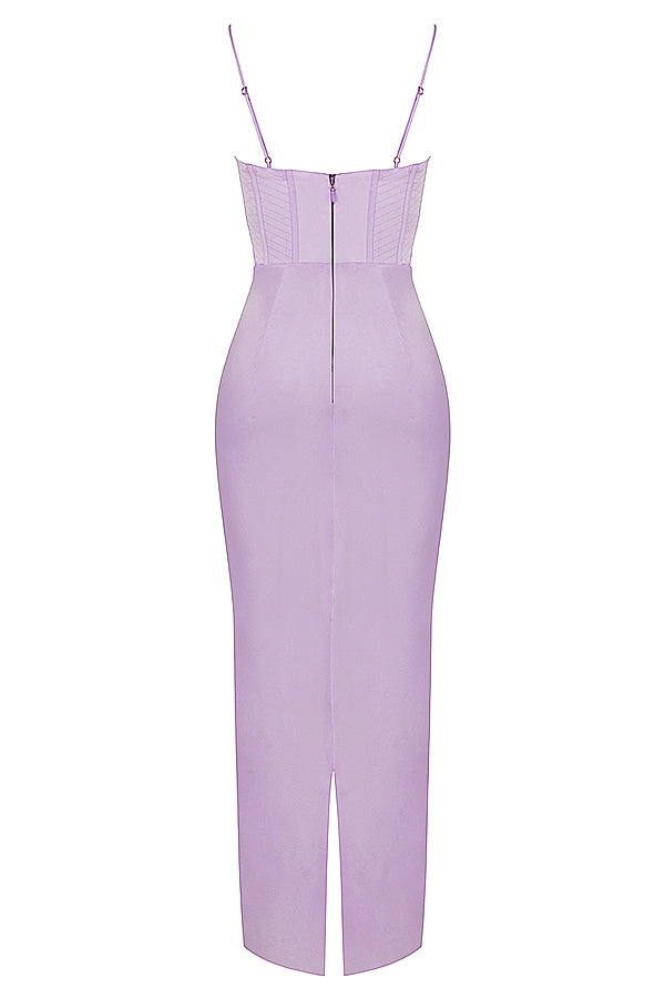 Pile Collar Satin Fishbone Pleated Suspender Long Dress aclosy