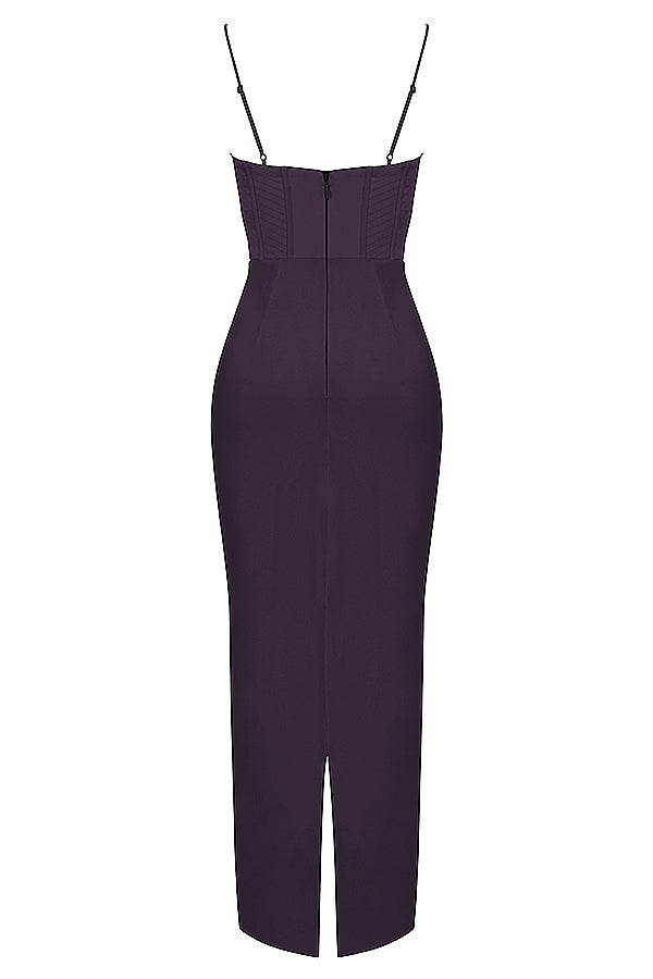 Pile Collar Satin Fishbone Pleated Suspender Long Dress-Light Purple aclosy