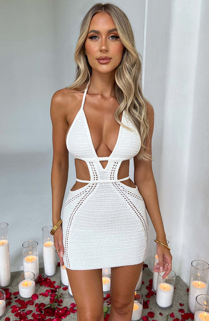 New Knitted Sweater Dress Sexy Pure Desire Wind Hot Girl Backless Hanging Neck Straps Short Dress aclosy