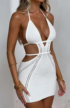 New Knitted Sweater Dress Sexy Pure Desire Wind Hot Girl Backless Hanging Neck Straps Short Dress aclosy