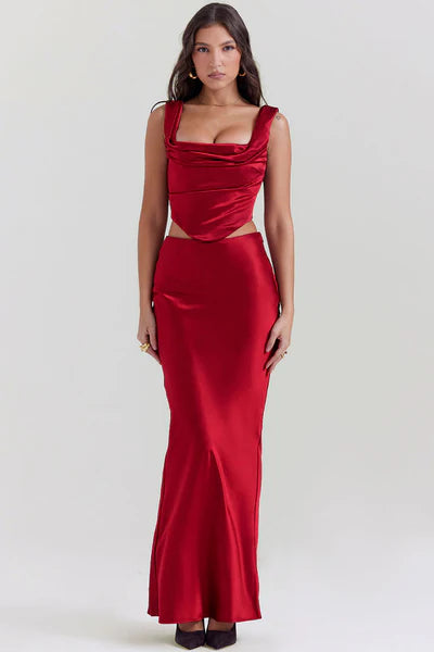 Sexy Satin Lace-Up Backless Corset Maxi Skirt Dress