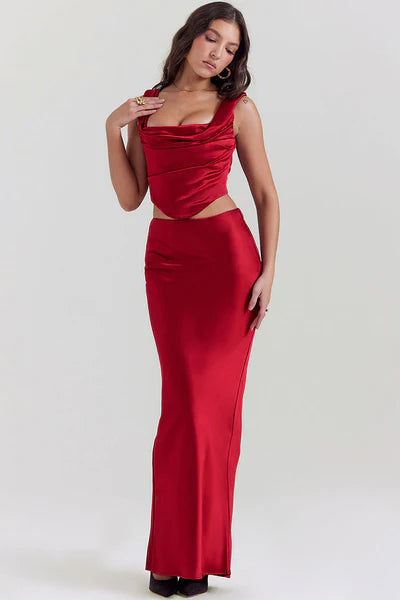 Sexy Satin Lace-Up Backless Corset Maxi Skirt Dress