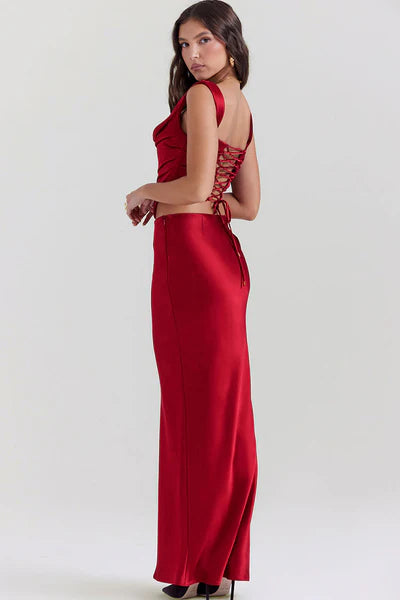 Sexy Satin Lace-Up Backless Corset Maxi Skirt Dress