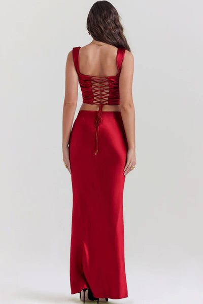 Sexy Satin Lace-Up Backless Corset Maxi Skirt Dress