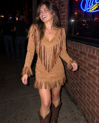 Dakota Fringe Suede V-Neck Long Sleeve Mini Dress