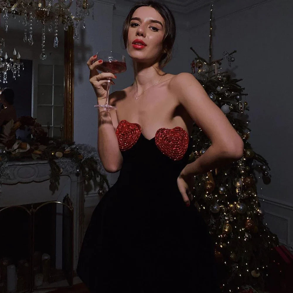 Elika Red crystal Velvet Elegant Strapless Dress