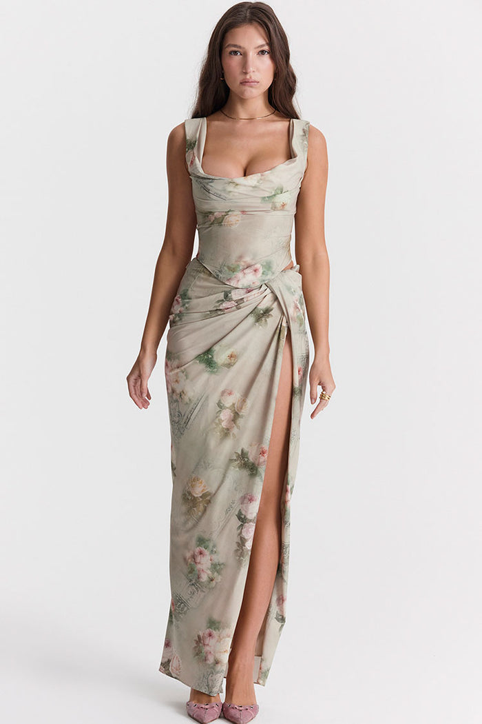 VESTIDO MAXI DE DOS PIEZAS CON PARTE SUPERIOR DE CORSÉ DRAPEADO Y ESTAMPADO VINTAGE - FLORAL