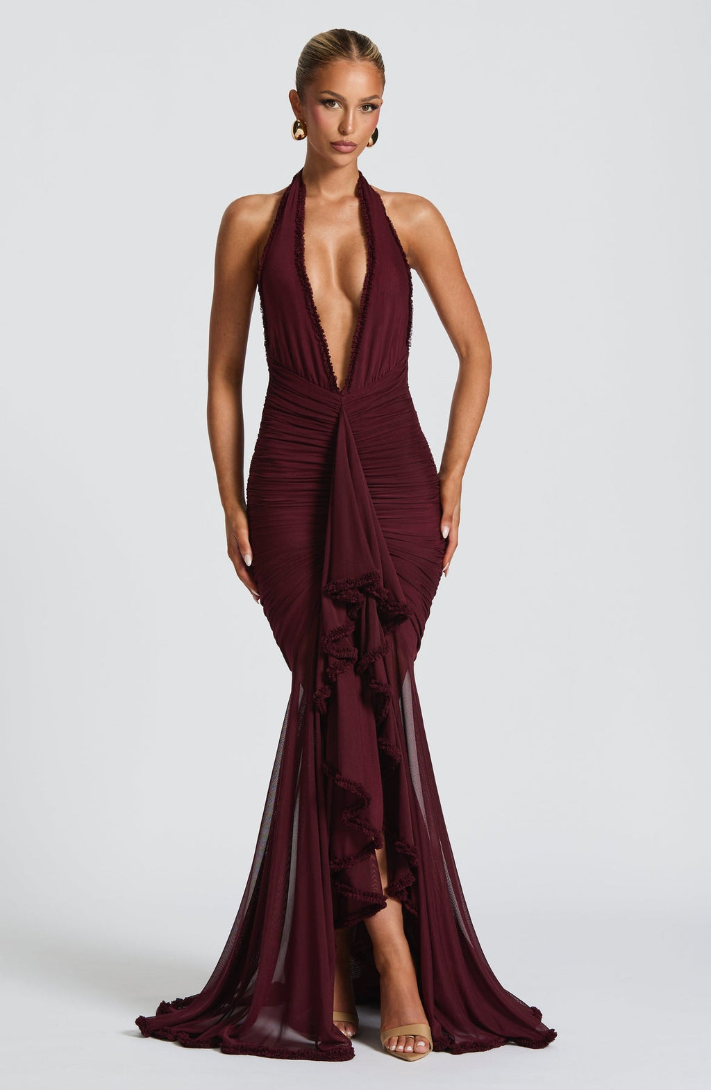 Calia Wine Lace Deep V Maxi Dress