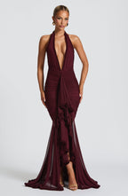 Calia Wine Lace Deep V Maxi Dress