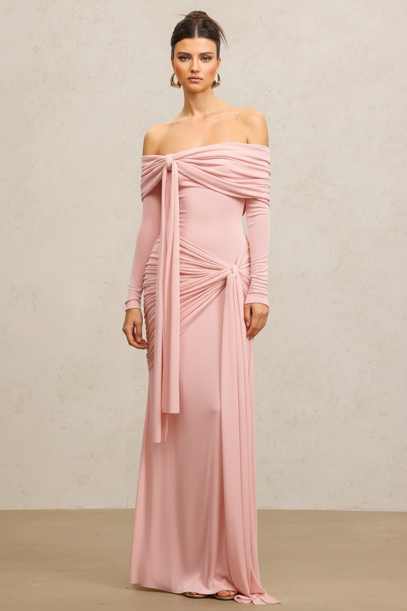 Chic Off-shoulder Long Sleeves Streamer Folds Maxi Dress