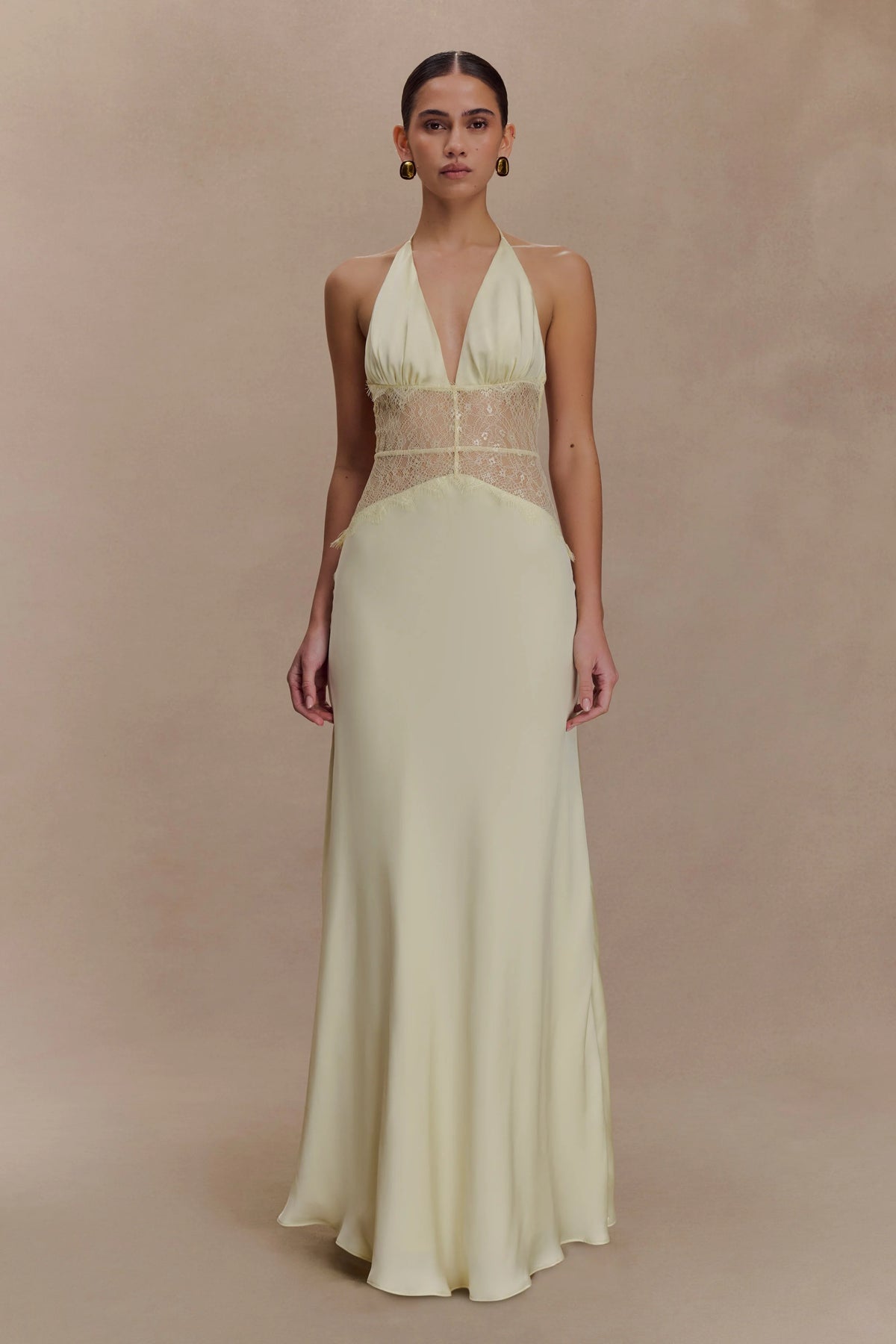 Aesha Backless Halter Dress with Deep V Neck, Satin Patchwork
