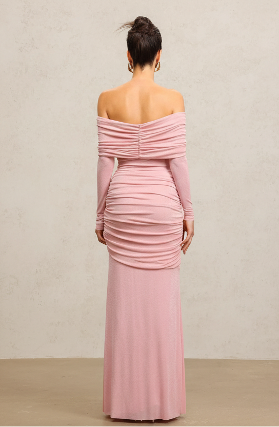 Chic Off-shoulder Long Sleeves Streamer Folds Maxi Dress