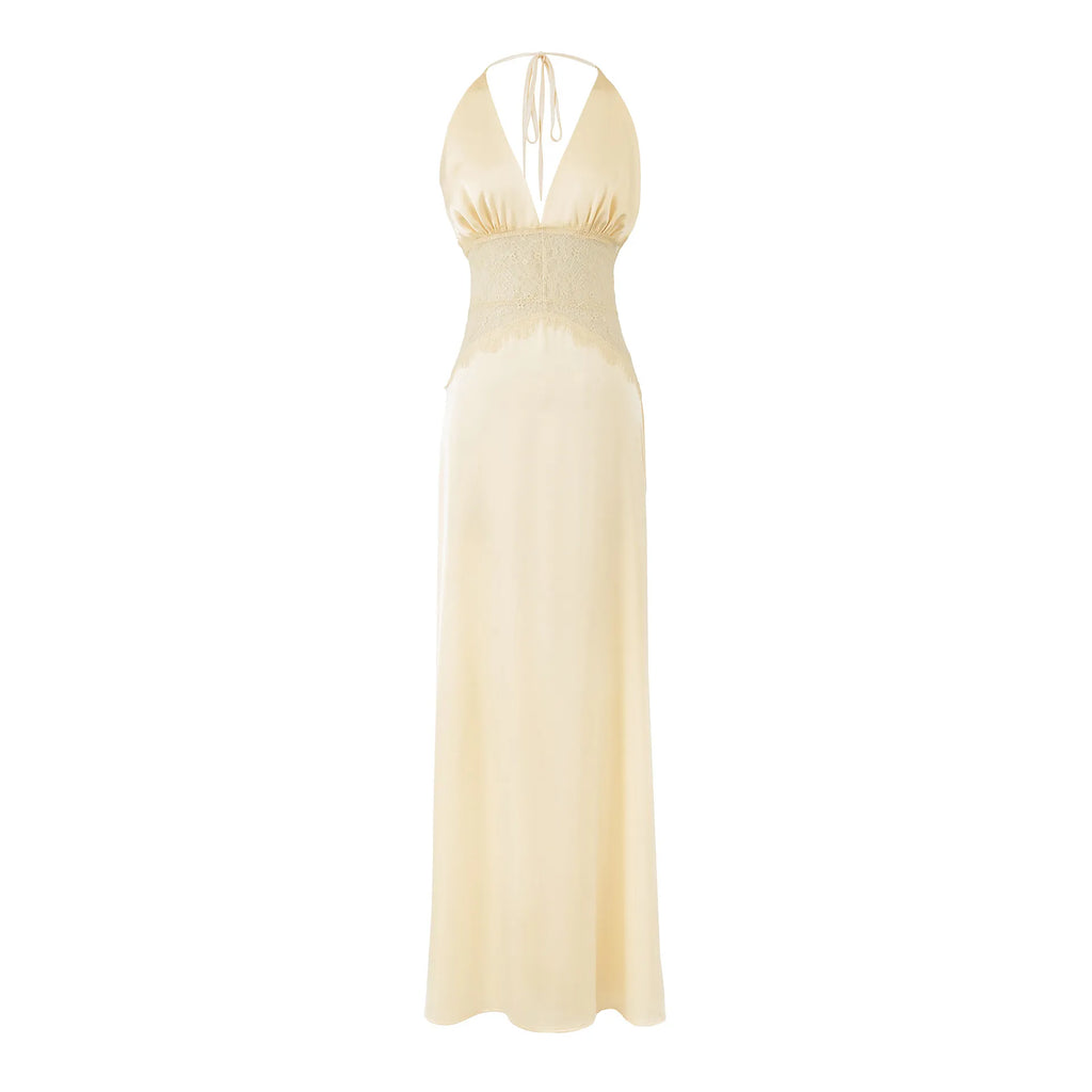 Aesha Backless Halter Dress with Deep V Neck, Satin Patchwork