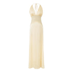 Aesha Backless Halter Dress with Deep V Neck, Satin Patchwork