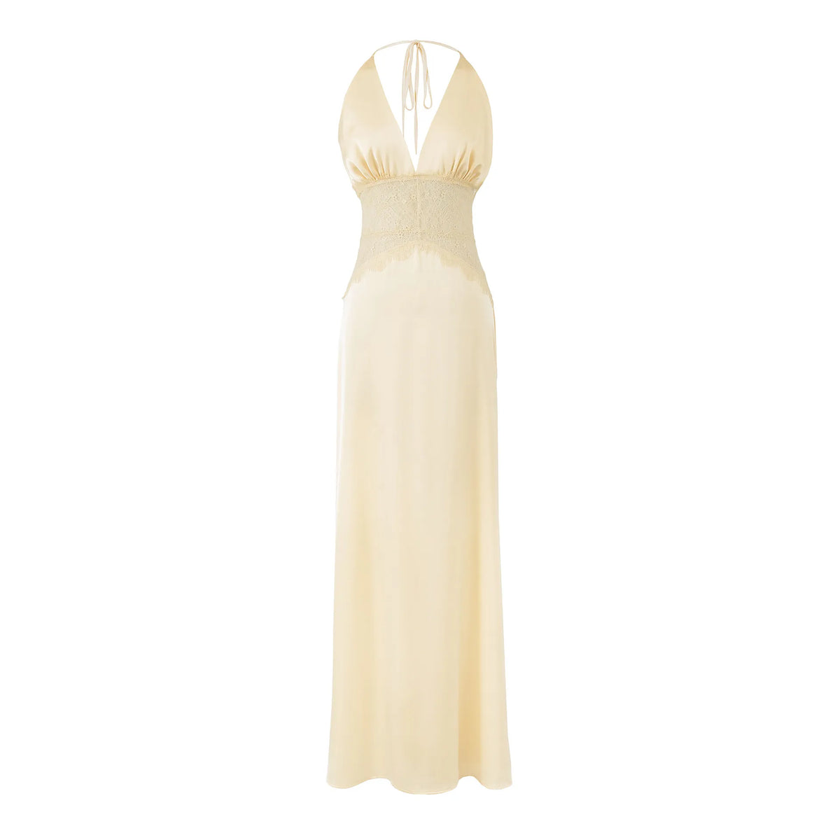 Aesha Backless Halter Dress with Deep V Neck, Satin Patchwork