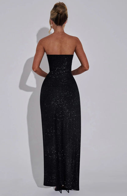 Chic Strapless Slit Sparkle Maxi Dress