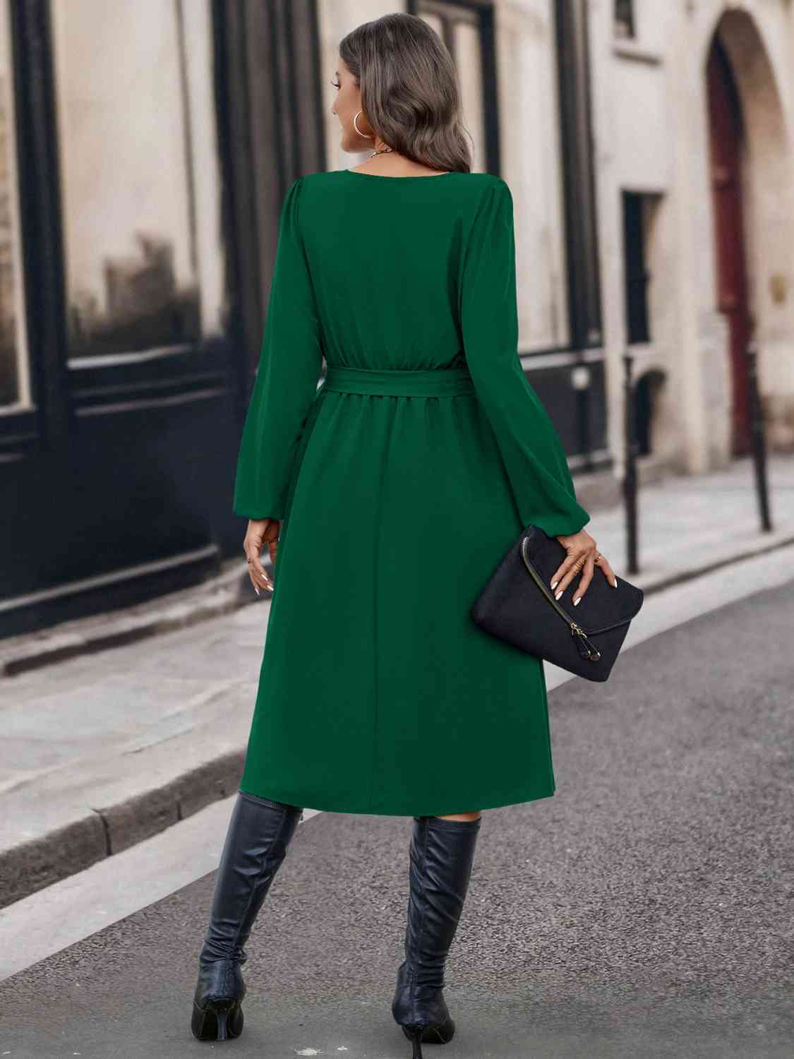Buttoned Tie Front Long Sleeve Asymmetrical Neck Dress Trendsi