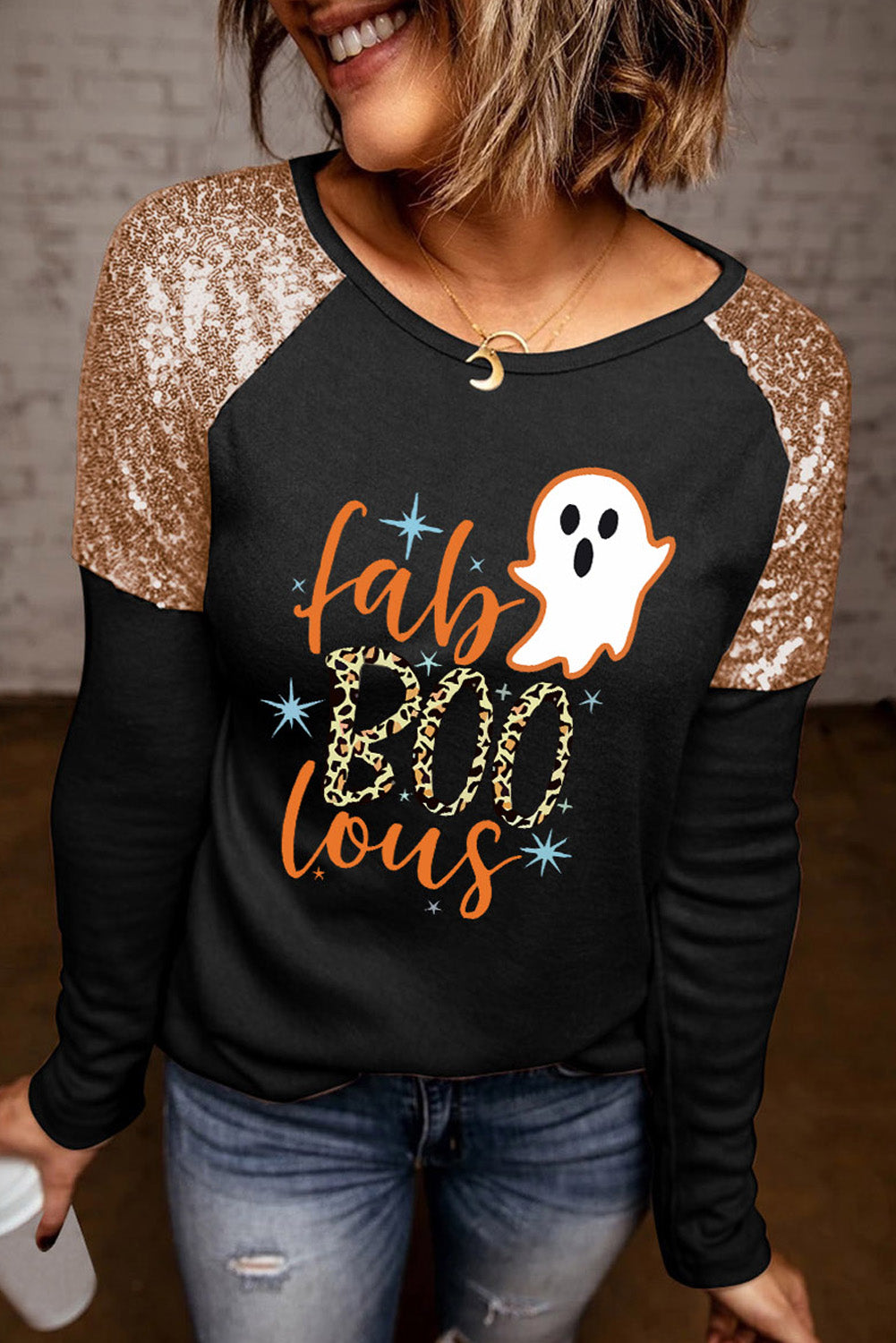 Ghost Graphic Sequin Long Sleeve T-Shirt Trendsi