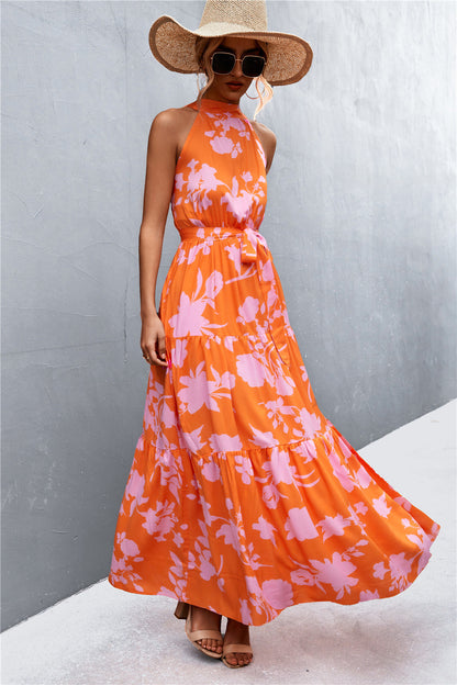 Printed Sleeveless Tie Waist Maxi Dress Trendsi