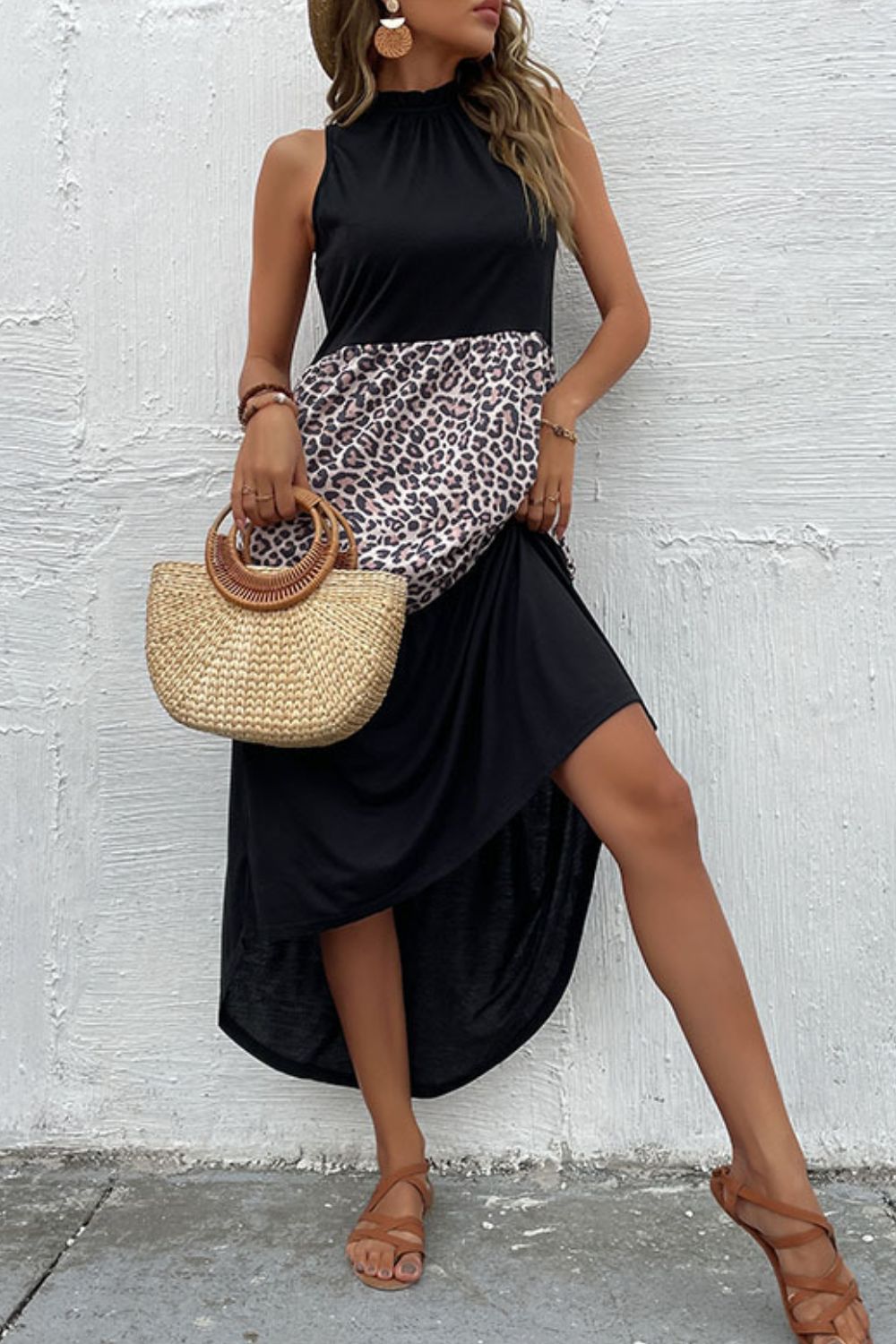 Leopard Contrast Sleeveless Maxi Dress Trendsi