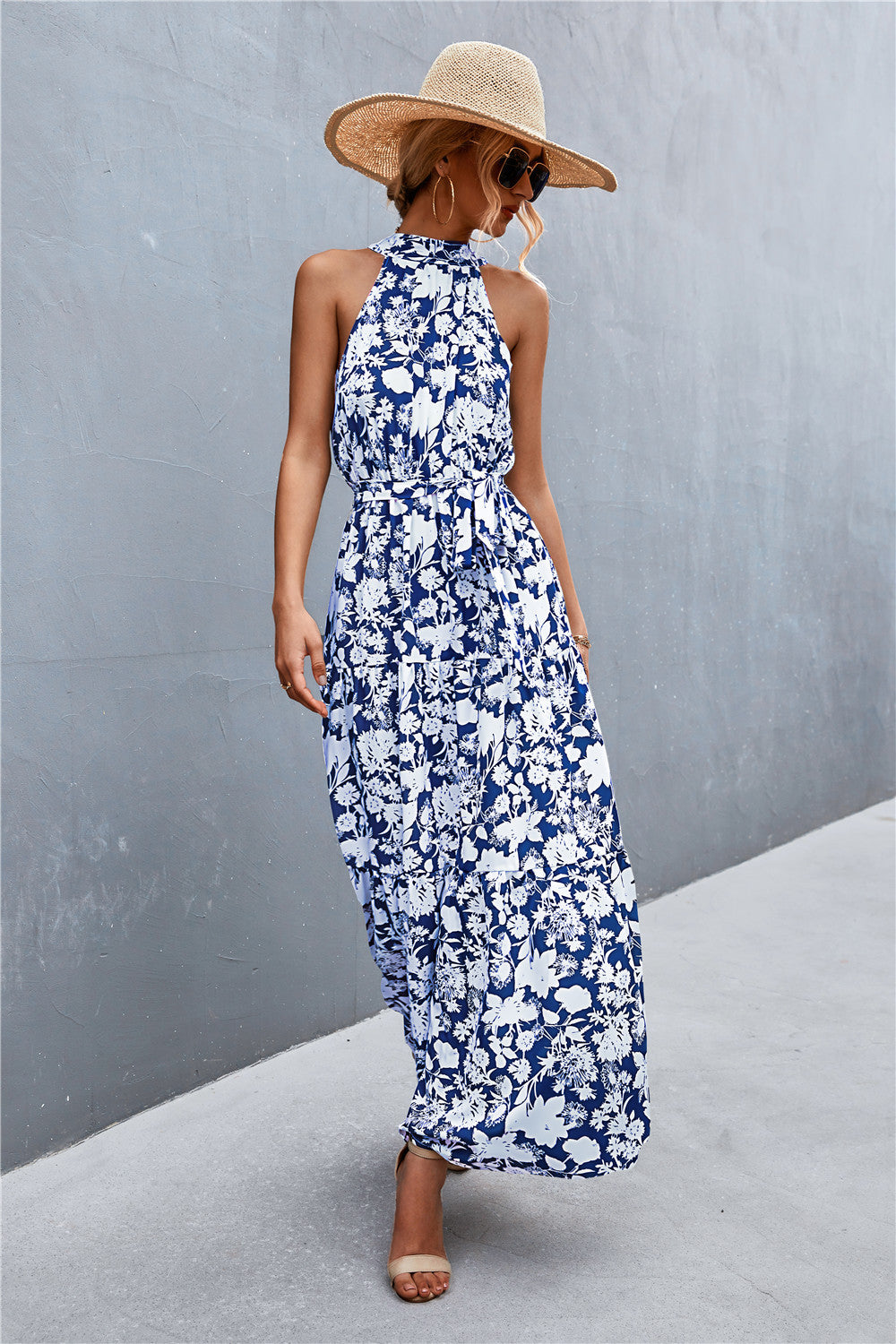 Printed Sleeveless Tie Waist Maxi Dress Trendsi