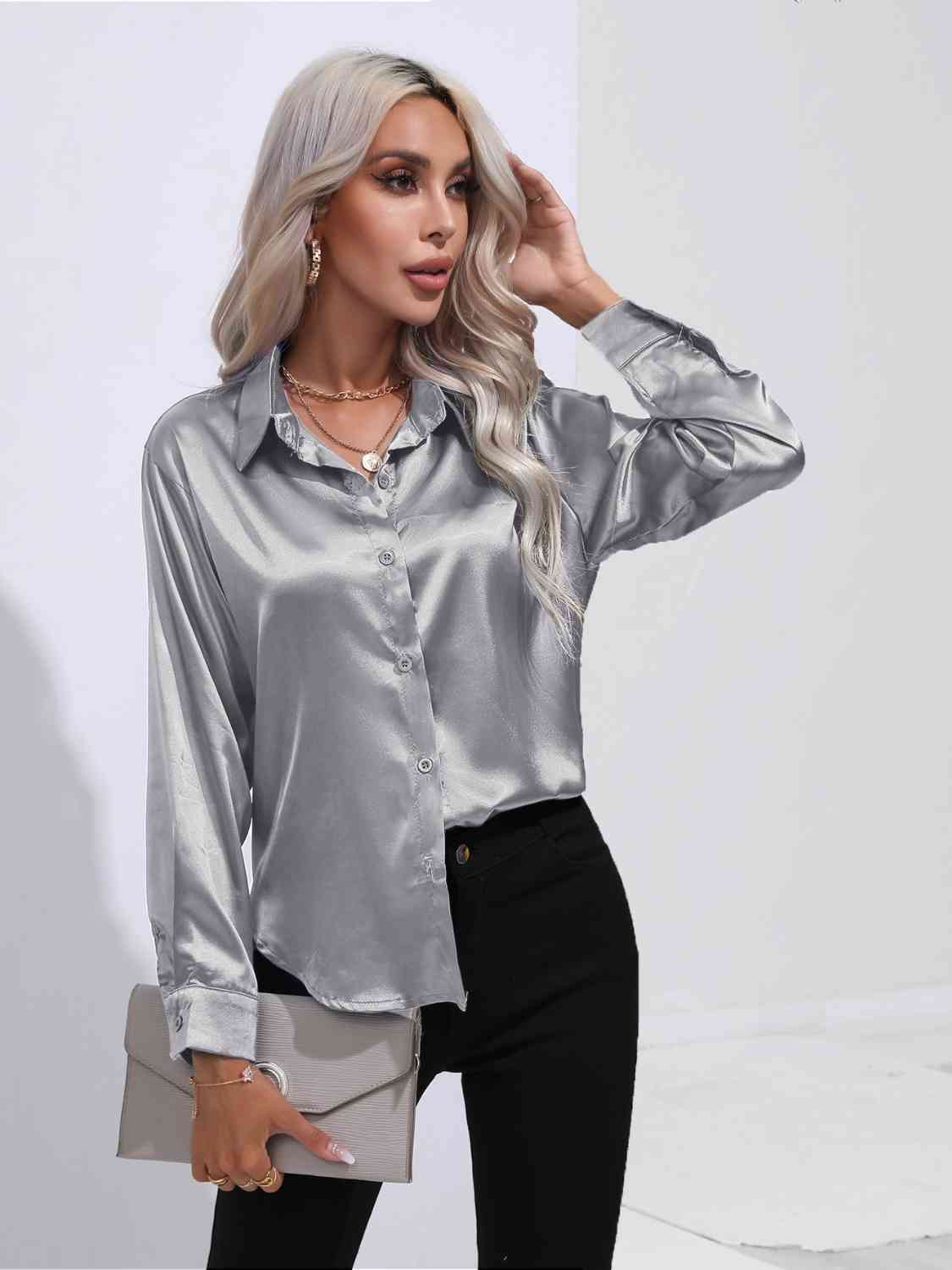 Collared Neck Buttoned Long Sleeve Shirt Trendsi
