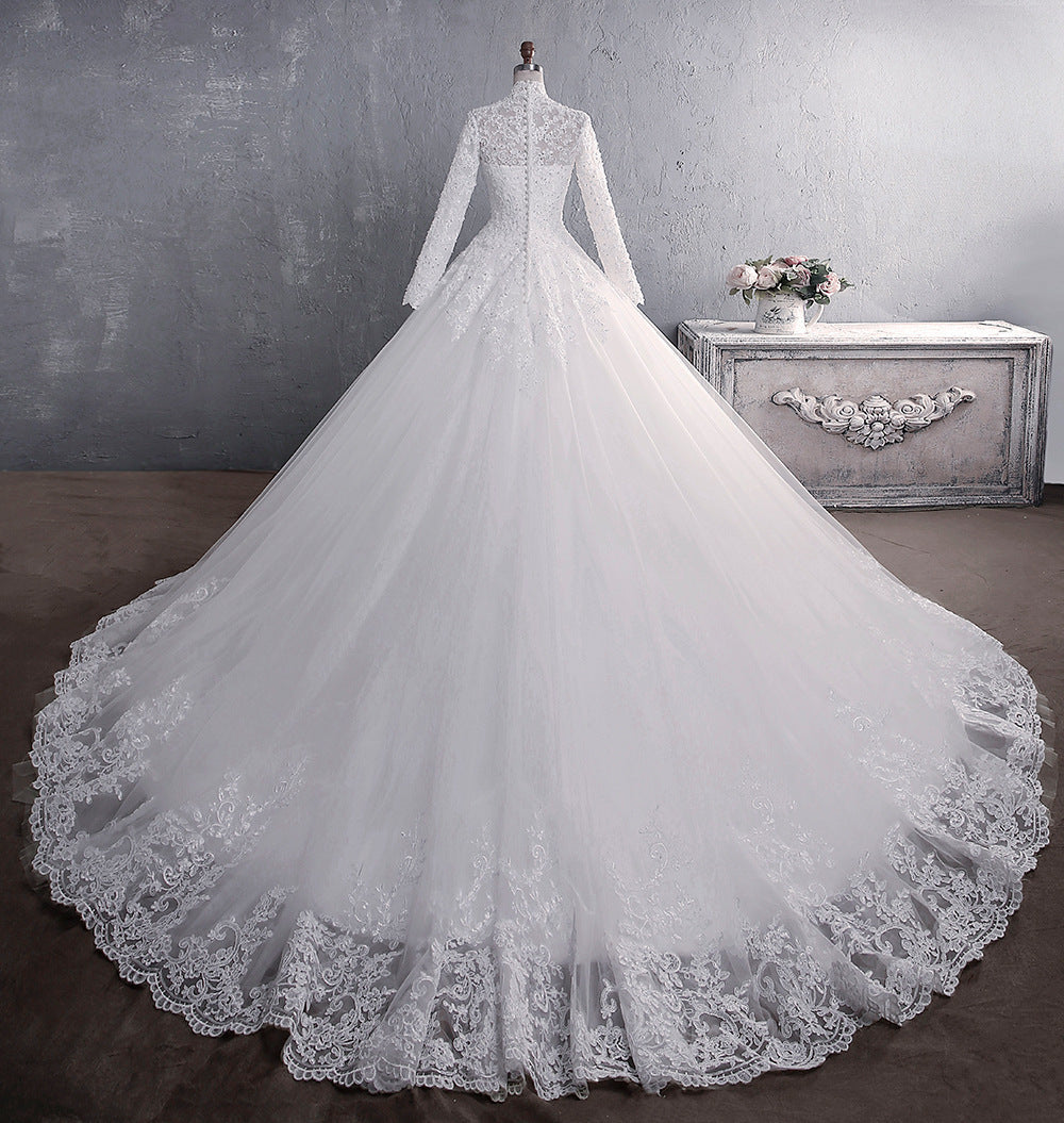 Lace Wedding Dress Bridal Stand-up Collar Long-sleeved Large Tail Large Size aclosy