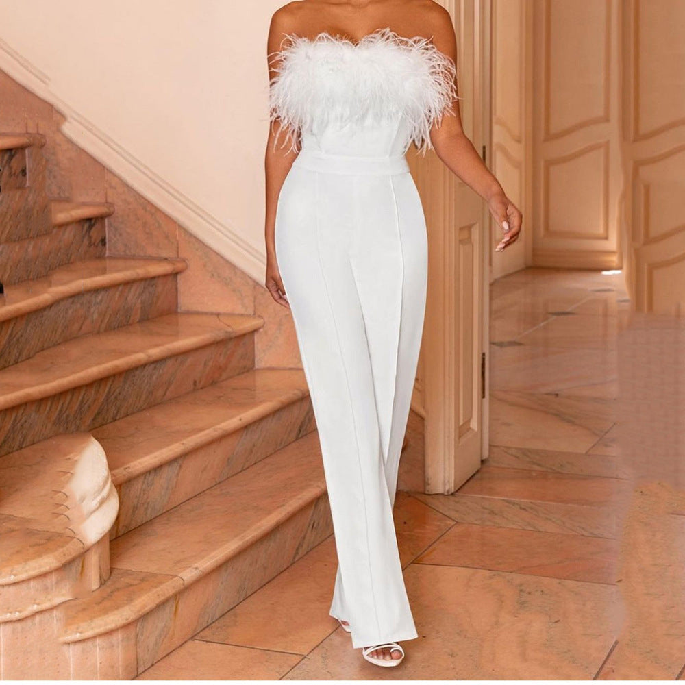 BANDEAU FEATHER WIDE LEG JUMPSUIT aclosy