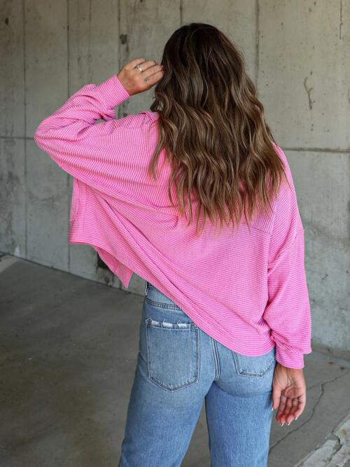 Ribbed Collared Neck Button Up Jacket Trendsi