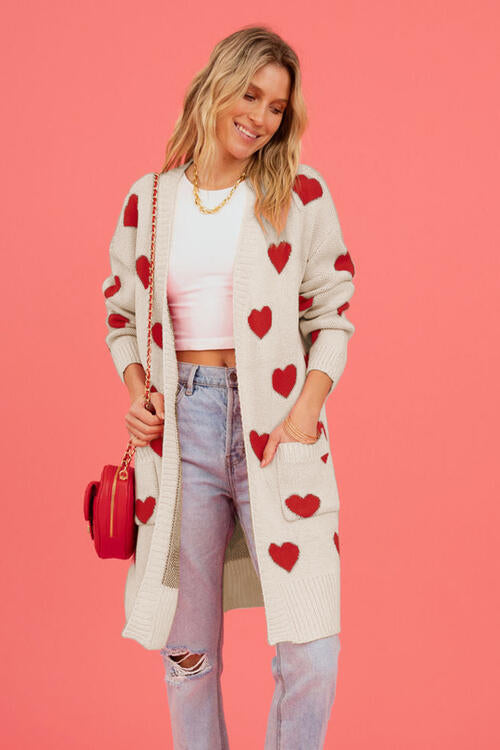 Heart Graphic Open Front Cardigan with Pockets Trendsi