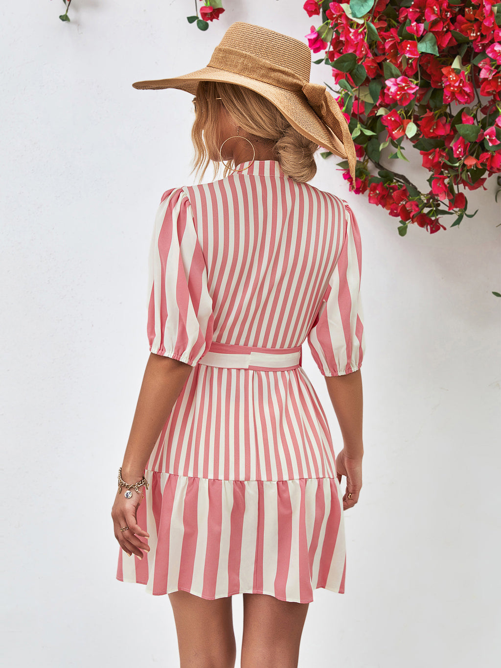 Striped Half Sleeve Tie Waist Mini Dress Trendsi