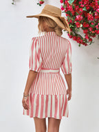 Striped Half Sleeve Tie Waist Mini Dress Trendsi