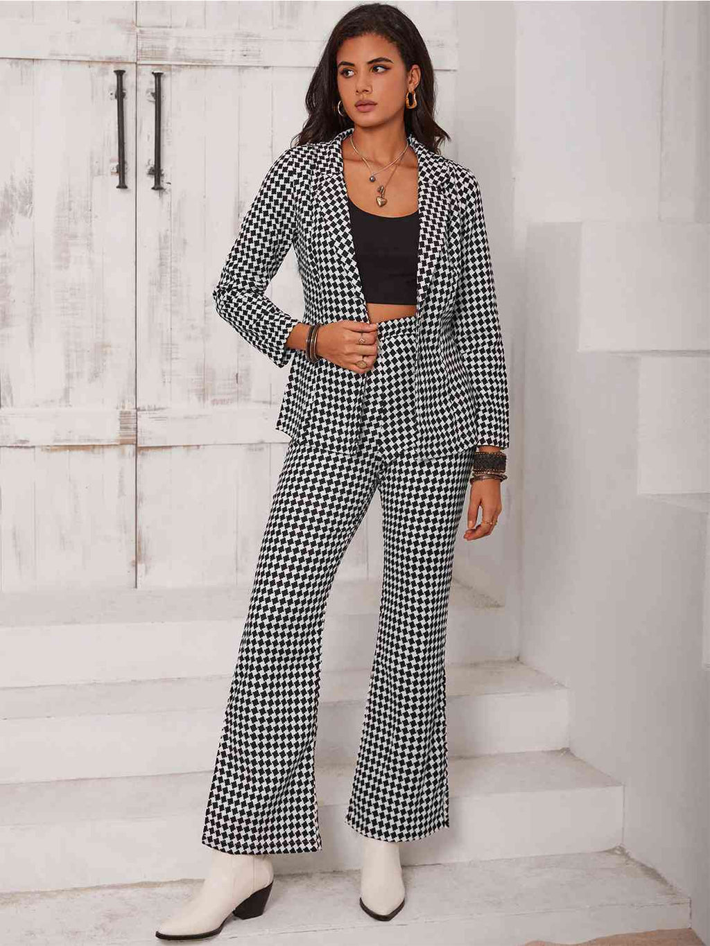 Checkered Blazer & Slit Pants Set Trendsi
